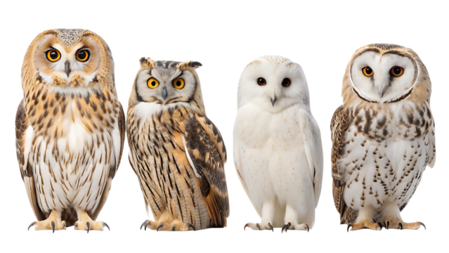 collection of four different painted owl species eagle owl barn owl snowy owl little owl isolated on transparent background isolated on white background