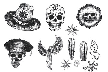 Mexican cinco de mayo themed elements featuring skulls, hats, and decorative symbols in a halftone grunge style