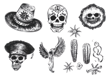 Mexican cinco de mayo themed elements featuring skulls, hats, and decorative symbols in a halftone grunge style