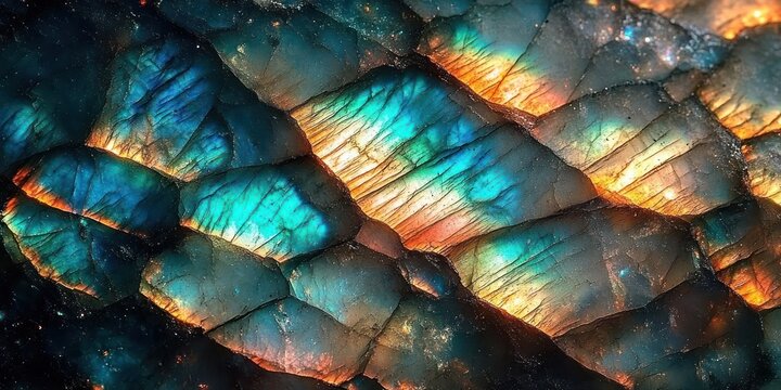 close-up of iridescent mineral or crystal surface with vibrant blue, teal, orange, and gold hues creating natural striped and cracked patterns