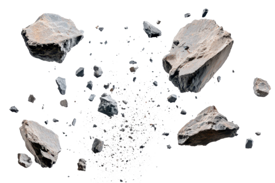 Explosive movement of flying rocks and debris captured in high detail with gigapixel quality showcasing chaotic energy and natural elements