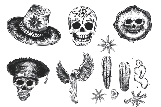 Mexican cinco de mayo themed elements featuring skulls, hats, and decorative symbols in a halftone grunge style