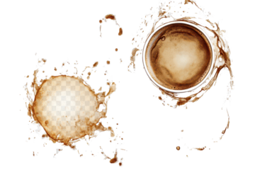 Unique coffee stains create an artistic composition on a transparent background showcasing diverse shapes and patterns, perfect for creative projects or design elements