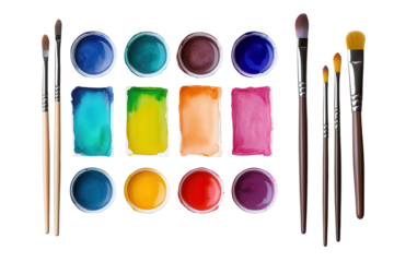 Colorful watercolor paint palette and brushes arranged neatly for artistic expression and creativity in a vibrant studio environment
