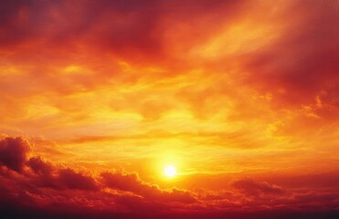 vibrant orange and yellow sunset with glowing sun beneath dramatic clouds