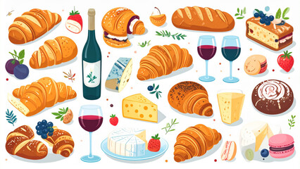 French bakery illustration set with croissants, baguette, cheese, wine, and macarons in flat vector style