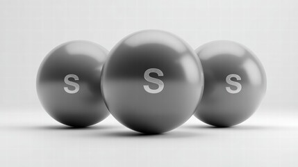Three grey spherical objects white letter S white background brand logo corporate identity