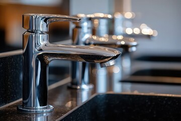 Close-up view of a row of shiny chrome faucets above black sinks in a modern bathroom or kitchen setting with soft background lighting