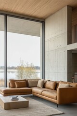 Fototapeta premium Modern living room with large windows overlooking a serene lakeside view, featuring a spacious tan leather sectional sofa on a neutral rug, minimalist concrete and wood interior