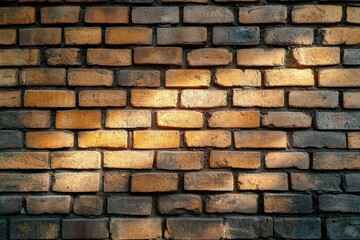 Obraz premium close-up view of a textured brick wall with warm sunlight casting shadows on uneven bricks creating a rustic and warm feeling