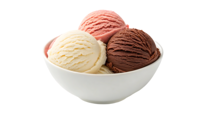 neapolitan ice cream bundle chocolate vanilla strawberry in a white bowl isolated on a transparent background isolated on white background