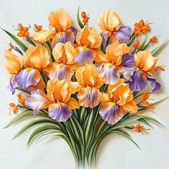 Vibrant bouquet of orange and purple irises with lush green leaves on a white background, evoking freshness and elegance