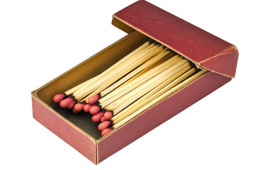 Opened matchbox displaying red-tipped wooden matches on a white background showcasing simplicity and everyday object design