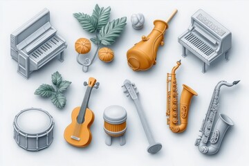 Various musical instruments and green leaves arranged on a light surface with a mix of orange and gray tones, showcasing creativity and harmony
