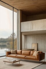 Modern living room with large floor-to-ceiling windows overlooking a serene lake and trees, featuring a sleek brown leather sofa, a minimalist coffee table, and neutral-toned decor