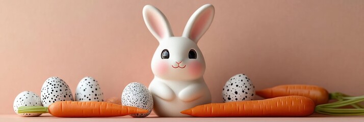 Cute white rabbit figurine surrounded by four spotted eggs and three fresh carrots on a peach background with a playful and charming atmosphere