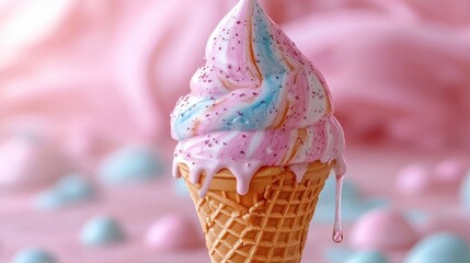 close-up of colorful melting soft serve ice cream in a waffle cone with pink, blue, and orange swirls dripping with a soft pink blurred background