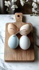 Four eggs in different natural colors arranged in a square on a wooden cutting board with a rustic rope tied between two eggs and white flowers in the background