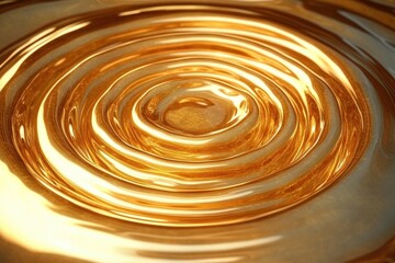 Close-up of golden liquid surface with concentric ripples reflecting light and creating a shiny, smooth texture