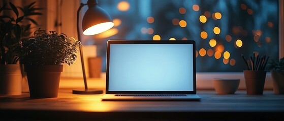 Cozy workspace with laptop on wooden desk illuminated by desk lamp, surrounded by potted plants, pencil holder, and warm ambient lighting with blurred city lights outside window