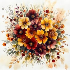Vibrant bouquet of red, orange, yellow, and brown watercolor flowers with green and brown leafy accents