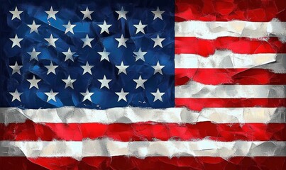 textured and crumpled representation of a united states flag with visible stars and stripes