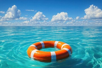 Bright orange lifebuoy floating on clear turquoise ocean water under a blue sky dotted with fluffy white clouds, evoking calm and safety