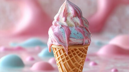 Close-up of a melting swirled pink and white ice cream scoop on a textured waffle cone with a soft pastel pink and blue blurred background