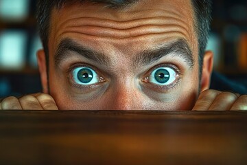 Close-up of a man's wide blue eyes peeking nervously over a wooden surface showing intense curiosity or surprise