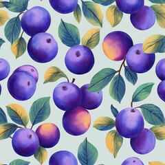 Seamless pattern featuring clusters of ripe purple plums with green and yellow leaves on pale blue background, showcasing freshness and natural beauty