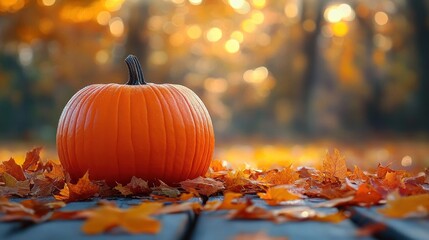 Bright orange pumpkin resting on a wooden surface surrounded by colorful autumn leaves with a warm, glowing blurred forest background