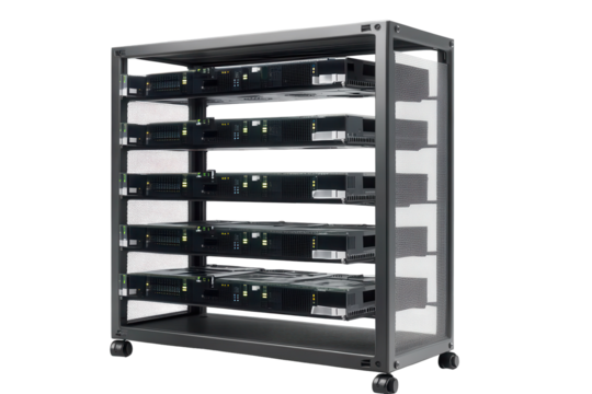 Isolated server rack showcasing multiple servers designed for efficient data processing and storage in a modern tech environment
