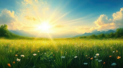 Bright sun shining over a vast green meadow filled with wildflowers under a partly cloudy blue sky with distant mountains