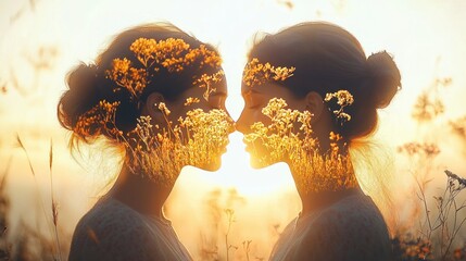 silhouettes of two women facing each other with floral overlays in warm golden light evoking a serene and intimate mood