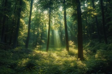 Obraz premium Sunlight streams through tall trees in a dense green forest, illuminating the lush vegetation on the forest floor and creating a peaceful natural atmosphere
