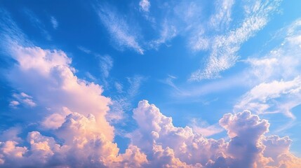 Vibrant blue sky with fluffy, soft pink and white clouds glowing in warm sunlight creating a peaceful and uplifting atmosphere