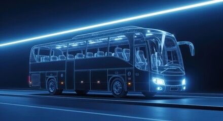 Futuristic bus outlined in glowing blue light