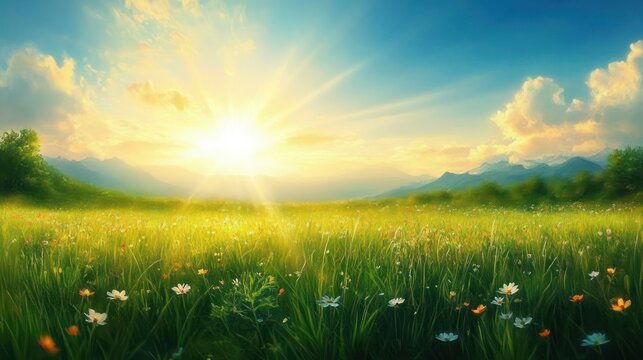 Bright sun shining over a vast green meadow filled with wildflowers under a partly cloudy blue sky with distant mountains