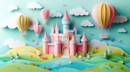 Fototapeta premium Colorful paper art castle with pink towers surrounded by rolling green hills, trees, clouds, and multiple hot air balloons floating in a bright sky