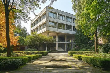 modern concrete building surrounded by green trees and manicured hedges under clear sky in a peaceful garden setting