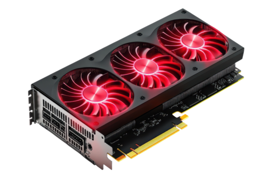 High performance modern graphics card designed for gaming and rendering with gigapixel capacity and striking red cooling fans displayed in a studio setting
