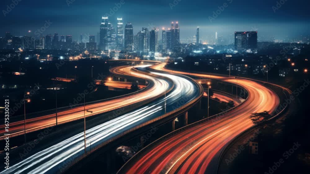 Poster aerial view of a cityscape at night with light trails on highways, creating a dynamic video effect. 