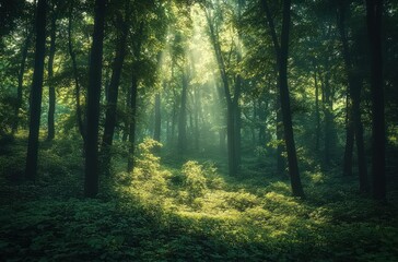 Naklejka premium Sunlight beams piercing through tall trees illuminating lush green forest floor creating a serene and peaceful natural woodland scene