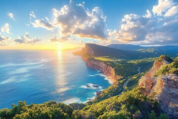 Breathtaking coastal landscape at sunrise with golden sunlight reflecting on the calm blue ocean and dramatic cliffs covered with green vegetation under a partly cloudy sky