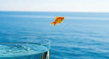 Goldfish leaping from glass bowl to ocean