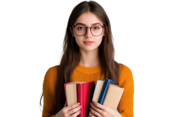 Young woman wearing glasses holds several colorful books in a cozy indoor setting with neutral background