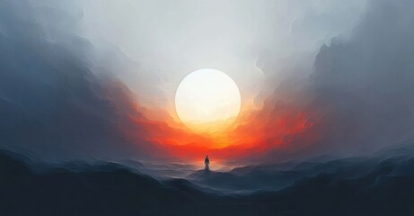 Silhouette of a lone person standing in a misty landscape with dark hills under a large bright sun surrounded by dramatic red and gray clouds