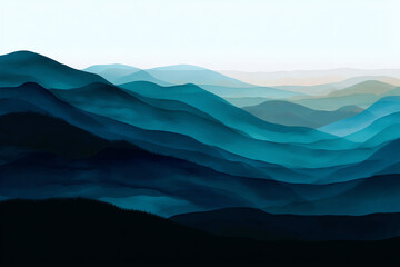 Obraz premium A serene mountain landscape featuring multiple layers of blue-toned ridges fading into the distance under a soft sky.