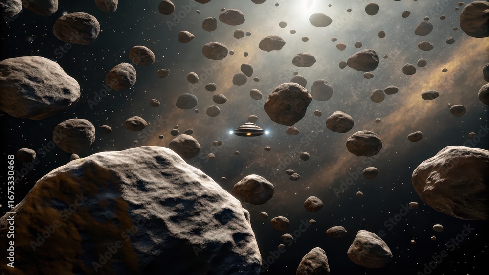 Poster asteroid belt expedition a spaceship navigates through a dense asteroid field in a cosmic scene.
