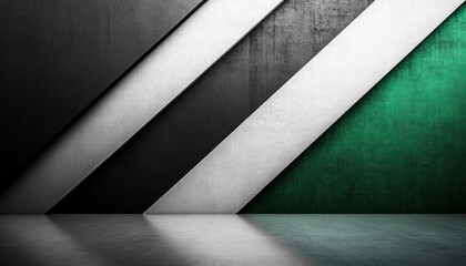 Abstract geometric interior with diagonal black, white, and green textured panels casting shadows on polished reflective floor evoking modern minimalism